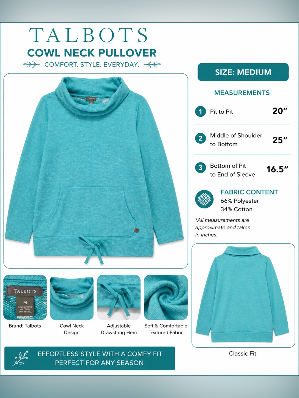 Talbots Cowl Neck Pullover Size Medium Turquoise. Front Pockets. Long Sleeve.